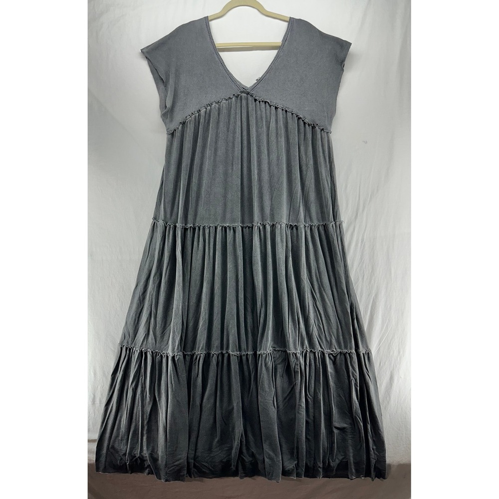 POL Womens Gray Tiered Maxi Dress V-Neck Boho Raw Edge Large